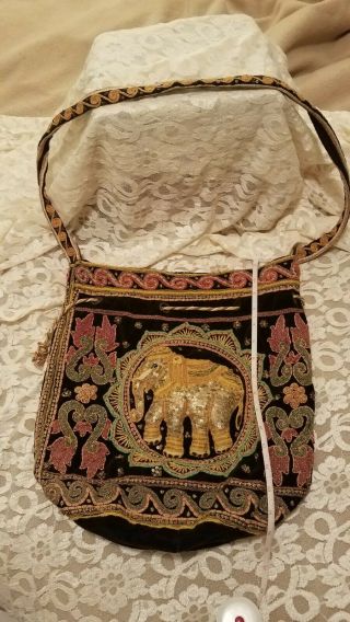 Vintage Handmade Sequined Beaded Thai Burmese Tapestry Hobo Elephant Bag Purse