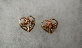 Vintage Black Hills Rose & Yellow Gold Heart W/ Rose Stud Earrings 2.  0 Grams