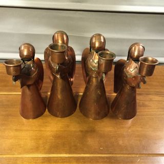 4 Vintage Handwrought Copper Angel Candleholders Candlesticks Mexico