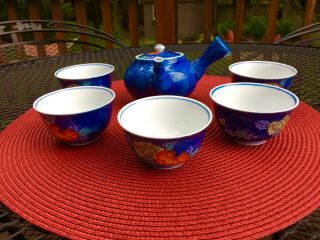 Japanese Tea Set - Beautifully Hand Painted Cobalt Blue With Orange Flowers
