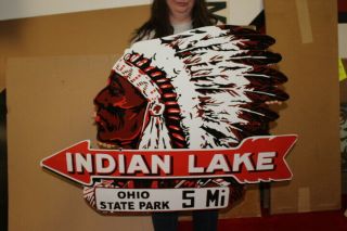 Large Indian Lake Ohio State Park Fishing Gas Oil 42 " Porcelain Metal Sign