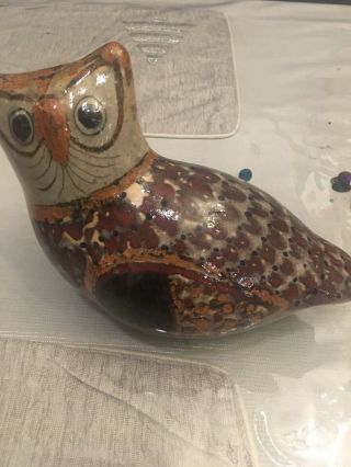 Vintage Mexican Tonala Burnished Pottery Owl Bird Sculpture Folk Art Figurine -