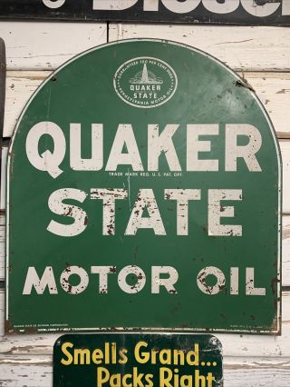 Quaker State Motor Oil Sign 2 Sided Tombstone June 1947 Green White Metal Double