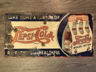 Rare 1930s Double Dot Pepsi Cola 6 Pack Carton Tin Sign 23 X 11.  5”