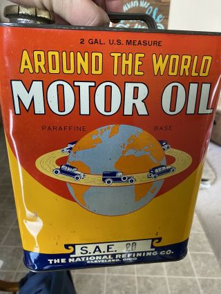 Vintage Around The World Motor Oil 2 Gallon Metal Oil Can National Refining Co.