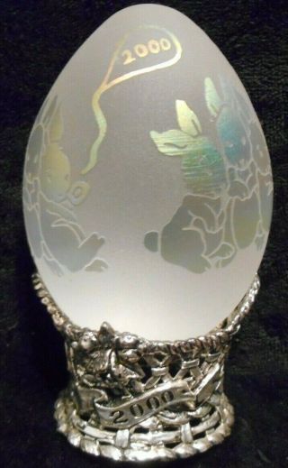 2000 Arthur Court Bunny Rabbit Etched Glass Easter Egg W/stand/holder