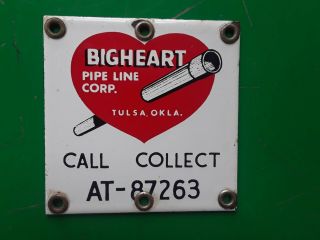 Bigheart Crude Oil Pipe Line Porcelain Caution Sign 4 " X4 " - Vintage Big Heart