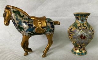 Vintage Chinese Miniature Cloisonne Horse & Vase 2 " Enamel Figurine
