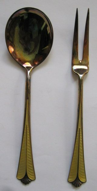 David - Andersen - Oslo Norway - Fork & Spoon Set W/ Box - Sterling Silver,  Enamel