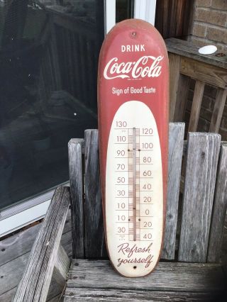 Vintage 1950s Coca Cola Soda Pop Metal Cigar Thermometer 30” Sign Advertising