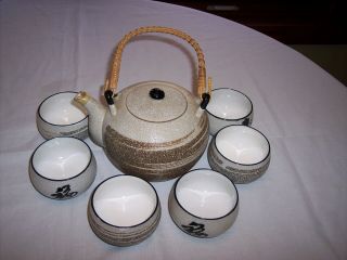 Vintage Japanese (cdgc) Hand Painted Salt Glaze Finish Tea Set Teapot 6 Cups
