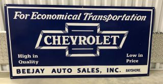 Large 47” Chevrolet “for Economical Transportation” Porcelain Sign Beejay Sales