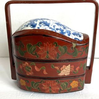 Vintage Jubako Lacquered Wooden Box Tiered Stacked Bento Box Porcelain Painted
