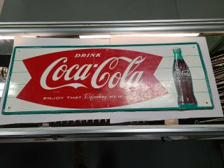 1966 Vintage Coca Cola Old Fishtail Logo & Bottle 32x12 " Tin Sign Coke