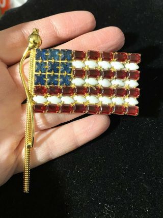 Large Vintage American Flag Rhinestone Pin 3.  5”