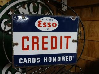 Vintage 1930 - 40s Esso Credit Cards Honored Porcelain Double Sided Sign Gas Oil