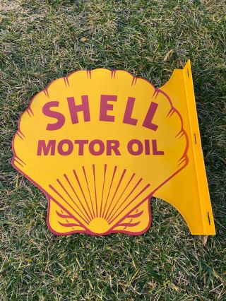 Vintage Shell Gasoline 18” Porcelain Metal Gasoline & Oil Double Sided Flanged