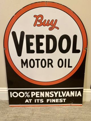 Large Vintage “buy Veedol Motor Oil” Double - Sided Porcelain Tydol
