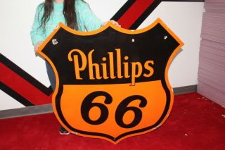 Huge Phillips 66 Gasoline Motor Oil Gas Station 2 Sided 42 " Porcelain Metal Sign