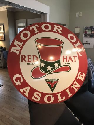 Large Red Hat Motor Oil Double Sided Porcelain Sign 42”