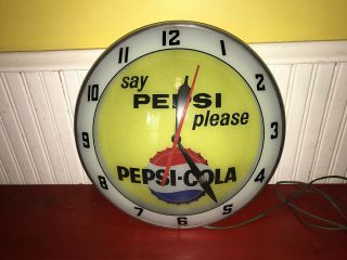 Vintage Pepsi Say Pepsi Please Double Bubble Light Up Wall Clock - Great 4