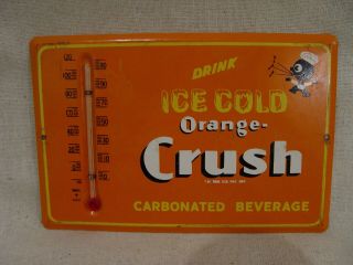 Vintage Ice Cold Orange Crush Soda Metal Advertising Thermometer With Crushy