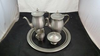 Vintage International Pewter Tea /coffee Pot Sugar Bowl Creamer Tray Service Set