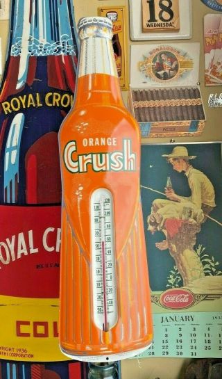 Vintage Orange Crush Cola Bottle Thermometer Sign Soda Fountain Huge Tin Display