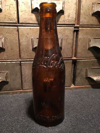 amber straight sided coca cola bottle AKRON OHIO LOOK COCA COLA Glass 6