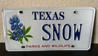 Vtg Official Texas License Plate: “snow” Customized,  Parks & Wildlife,  Heavy