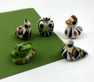 5 Miniature Tonala Mexican Pottery Duck Owl Frog Bird Figurine Ceramic Folk Art