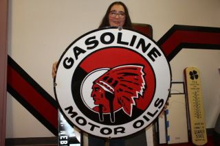 Large Red Indian Gasoline Motor Oil Gas Station 30 " Porcelain Metal Sign