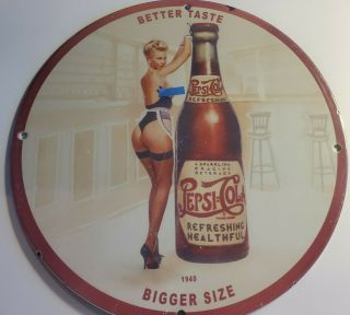 Vintage Porcelain 1940 Pepsi Cola Soda Pop Better Taste Man Cave Garage Bar Sign