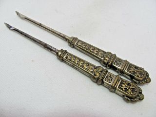 2 Vintage Ornate Silver Plated Or Brass Plated Nut Picks Hollow Handle
