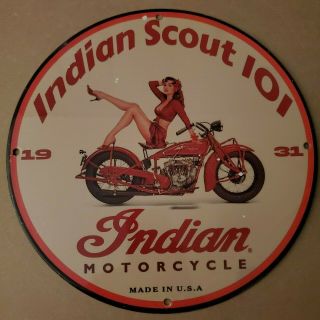 Vintage Porcelain 1931 Indian Scout 101 Motorcycles Pin Up Man Cave Garage Sign