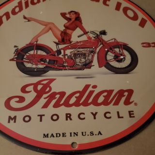 VINTAGE PORCELAIN 1931 INDIAN SCOUT 101 MOTORCYCLES PIN UP MAN CAVE GARAGE SIGN 2