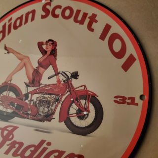VINTAGE PORCELAIN 1931 INDIAN SCOUT 101 MOTORCYCLES PIN UP MAN CAVE GARAGE SIGN 4
