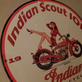 VINTAGE PORCELAIN 1931 INDIAN SCOUT 101 MOTORCYCLES PIN UP MAN CAVE GARAGE SIGN 5