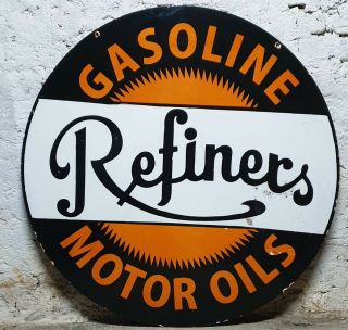 Large Refiners Gasoline Motor Oils Porcelain Enamel Double Sided Sign.