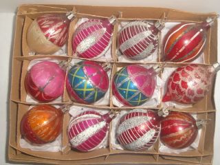 12 Vintage Hand Painted & Glittered Christmas Ornaments Poland - Drops