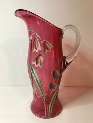 Vtg Art Glass Cranberry Hand Painted Floral Applied Handle Tall Pitcher Vase