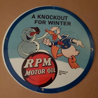Vintage Porcelain 1940 Rpm Motor Oils Walt Disney Man Cave Garage Gas&oil Sign
