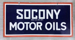 Vintage Porcelain Socony Motor Oils Sign,  Two Sided - 18”h X 36”w