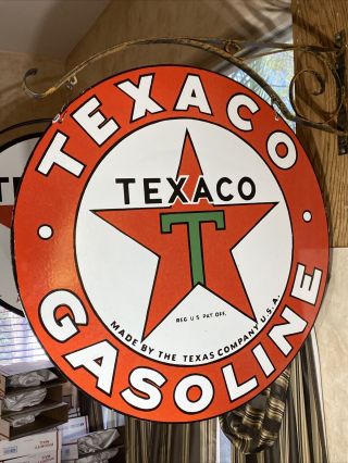 Large Vintage  Texaco  Gasoline Double Sided 30’ Porcelain Sign With Bracket
