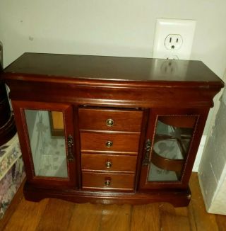 Vintage Wood Jewelry Box Armoire W/ Glass Doors & 4 Drawers,  Brown