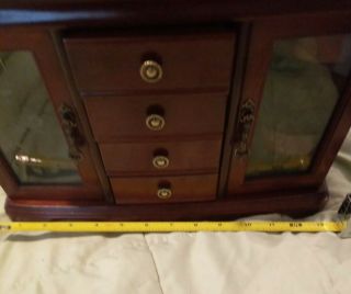 VINTAGE WOOD JEWELRY BOX ARMOIRE w/ GLASS DOORS & 4 DRAWERS,  brown 2