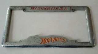 Vintage My Other Car Is A Hot Wheels License Plate Frame Red Silver Metal Chrome