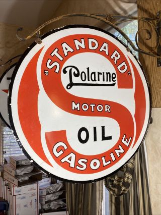 Large Vintage  Standard Oil  Double Sided 30 Inch Porcelain Sign With Bracket