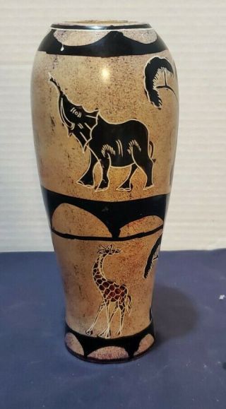 African Soapstone Carved Vase With Elephants And Giraffes