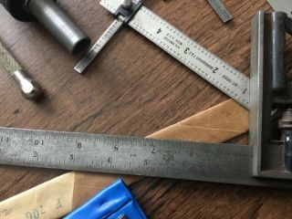 VINTAGE STARRETT AND OTHER NAME MACHINISTS TOOLS,  SQUARE,  BORE GAGES,  RULER,  ETC 2